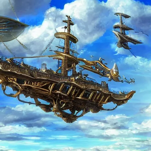 Image similar to steampunk sky-ship flying through clear blue skies, epic fantasy art style HD