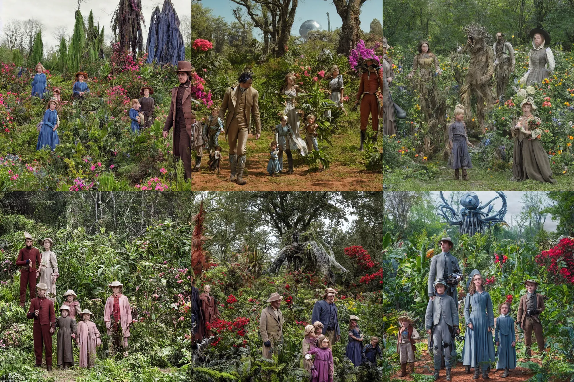 Prompt: sharp, highly detailed, 65536k film, 140000mm film still from a sci fi blockbuster color movie made in 2019, set in 1860, of a family standing in a park, next to some strange alien plants and flowers, on an alien planet, the family are all wearing 1860s era clothes, good lighting, good photography, in focus, 35mm macro lens