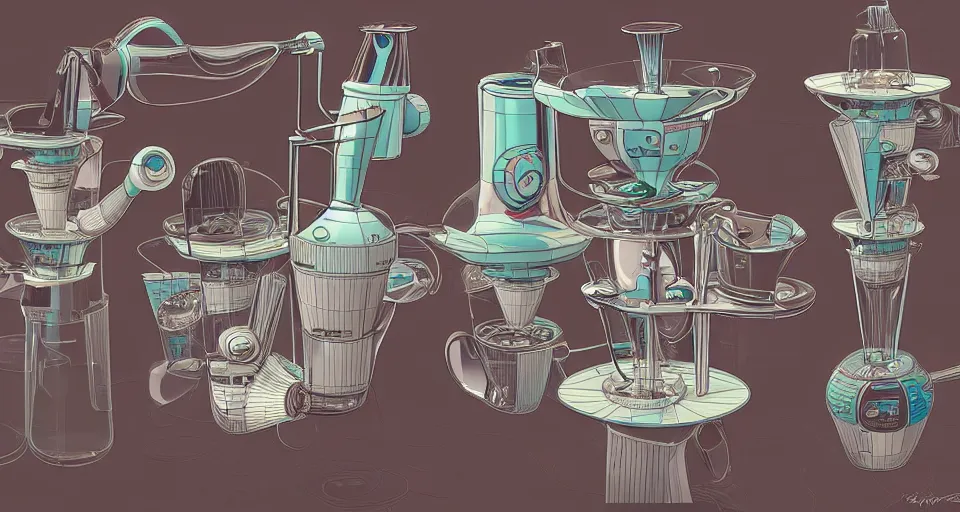 Prompt: a highly complex drip coffee maker in the futuristic era kitchen, jetsons design style, in the style of hownosm and james jean, ultimate collab, epic, digital art, 3 d, h 9 6 0