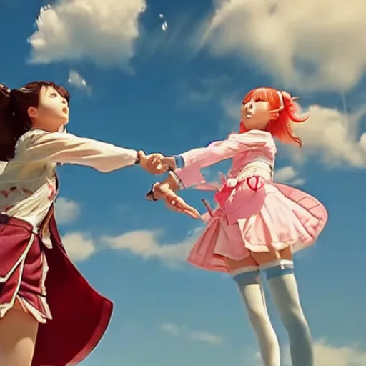 Image similar to a battle of two real-life mahou shoujo girl flying in the sky, still of an epic japanese movie scene