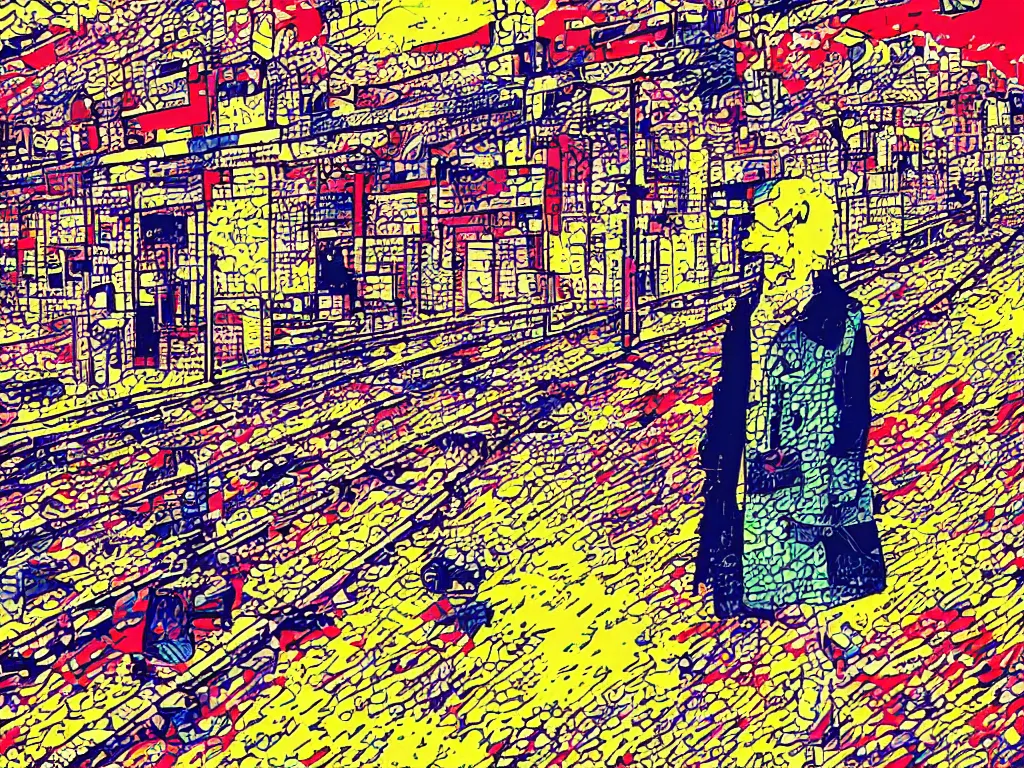 Image similar to comic glitch art of a lone person waiting at the train station, pop art, detailed