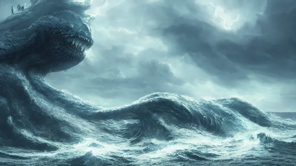 Prompt: A leviathan rising out of a stormy sea, concept art, matte painting, 8k, highly detailed, artstation, Greg Rutkowski