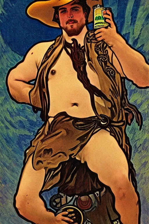 Prompt: a dramatic, ethereal painting of a handsome thicc shirtless mischievous cowboy with a beer belly wearing a leather vest sitting behind a campfire at night with food and jugs of whisky | tarot!! card, art deco, art nouveau | by Alphonse Mucha | trending on artstation