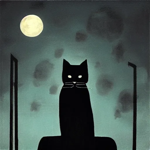 Image similar to “A black cat on top of a building at night with a full moon in the style of Vincent Van Vogh”