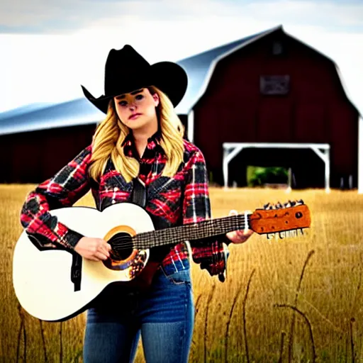 Image similar to a female fox animal, wearing cowboy hat, wearing plaid shirt, playing guitar, in a field, barn in background, album cover style