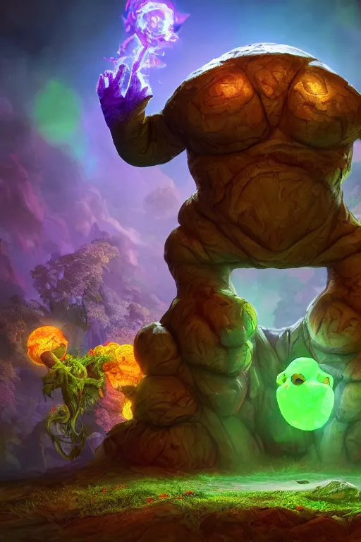 Image similar to arcane fantasy art giant golem elemental wood rock bastion forged gemstone enchanted forest troll, global illumination ray tracing hdr fanart arstation by sung choi and eric pfeiffer and gabriel garza and casper konefal lisa frank zbrush central hardmesh radiating a glowing aura