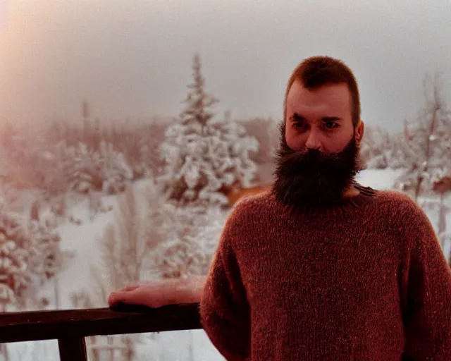 Image similar to lomo photo of 4 0 years russian man with beard and sweater standing on small hrushevka 9 th floor balcony full with cigarette smoke in winter taiga looking at sunset, cinestill, bokeh