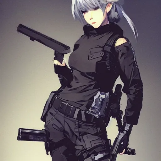 Prompt: girl silver hair, holding a gun, trending on artstation, illustration by Yoji Shinkawa and Krenz Cushart, portrait