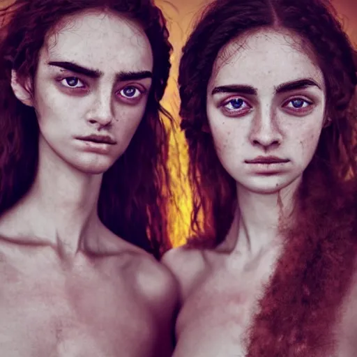 Image similar to two goddesses, third eyes middle of foreheads, long necks, very wide wide shot, very hairy bodies, beautiful colors, eyes in forehead, beautiful lighting, very detailed, eyes reflecting into eyes reflecting into infinity