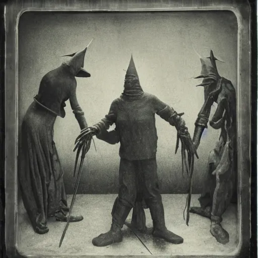 Image similar to wet plate photo, plague doctors in the mist with weird rube goldberg machines, minimalist, joel peter witkin, heironymus bosch, gustave dore, beksinski, giger'