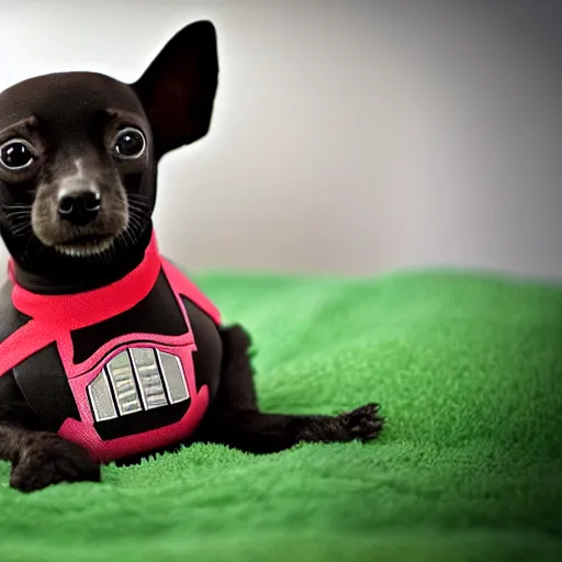 Prompt: a movie capture of a darth vader chiweenie, cinematic