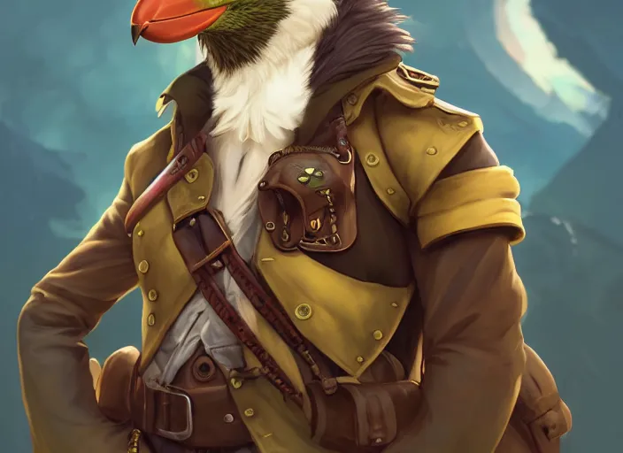 Prompt: character portrait feature of the anthro male anthropomorphic kakapo fursona wearing steampunk pirate airship captain outfit uniform professional pilot character design stylized by charlie bowater, ross tran, artgerm, and makoto shinkai, detailed, soft lighting, rendered in octane