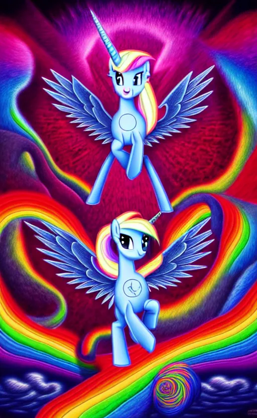 Prompt: my little pony on tool album cover, 8 k resolution hyperdetailed, surrealism style of alex grey, extremely high quality