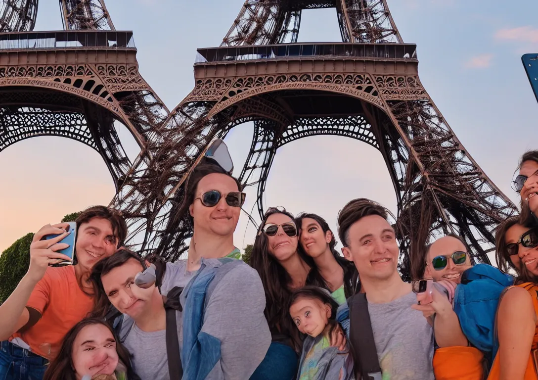 Prompt: a family of samsonite luggage taking selfies near the Eiffel Tower during a Paris sunset with many beautiful colors by NOAH BRADLEY