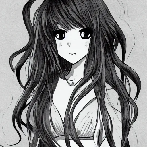Image similar to a very beautiful young anime girl, full body, long wavy blond hair, sky blue eyes, full round face, bikini, miniskirt, front view, mid - shot, highly detailed, black and white manga drawing