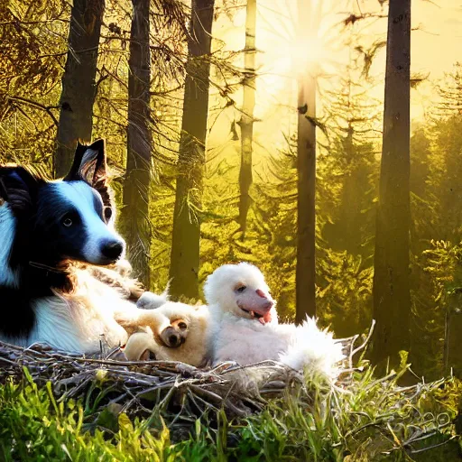 Image similar to a border collie protecting a baby eagle and human infant who are both in a nest in a forest, beautiful, golden hour, impressionist