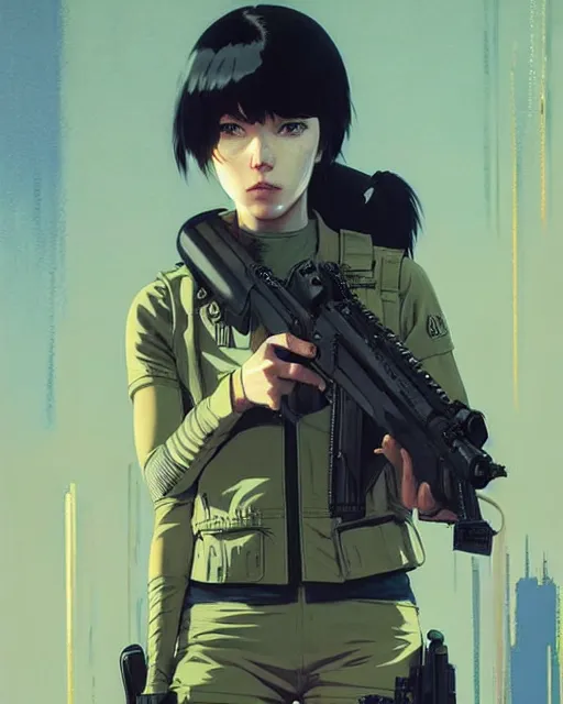 Image similar to girl wearing in tactical gear | | audrey plaza, fine detail!! anime!! realistic shaded lighting!! dramatic!! poster by ilya kuvshinov katsuhiro otomo ghost - in - the - shell, magali villeneuve, artgerm, jeremy lipkin and michael garmash and rob rey