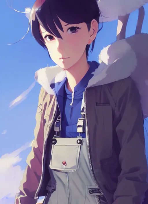 Image similar to a handsome young girls! model, wearing ma - 1 flight suit jacket and overalls, trending on pixiv fanbox, painted by greg rutkowski makoto shinkai takashi takeuchi studio ghibli, akihiko yoshida