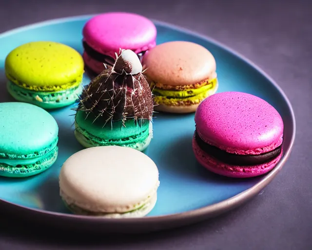 Prompt: a fine dining dessert plate of spiky cactus and ice cream, sugar sprinkled, macaron, food photography, michelin star, fine dining, bokeh