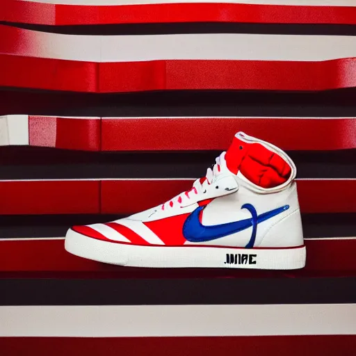 Prompt: a studio photoshoot of new Nike high top sneaker with red white wave stripes, designed by Virgil Abloh, leather and suede, Off-White, realistic, color film photography by Tlyer Mitchell, 35 mm, graflex