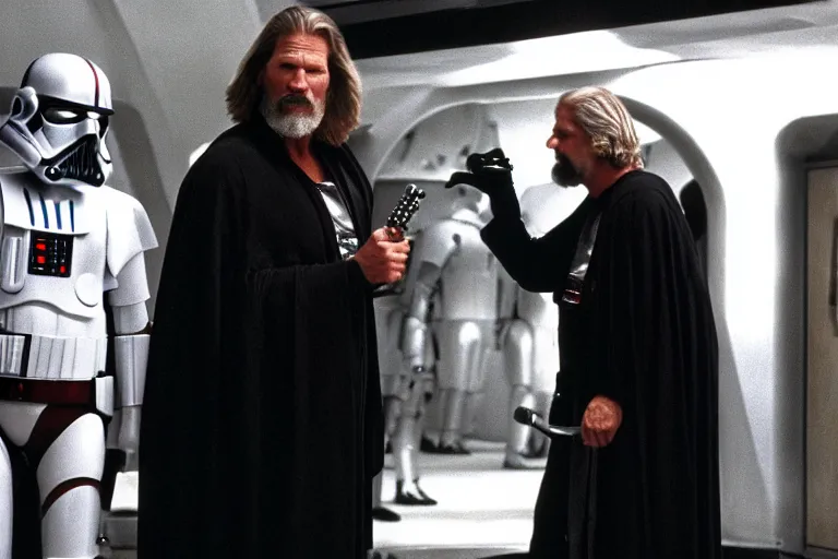 Image similar to Jeff Bridges from The Big Lebowski bowling in the Mos Eisley Cantina from Star Wars with Darth Vader