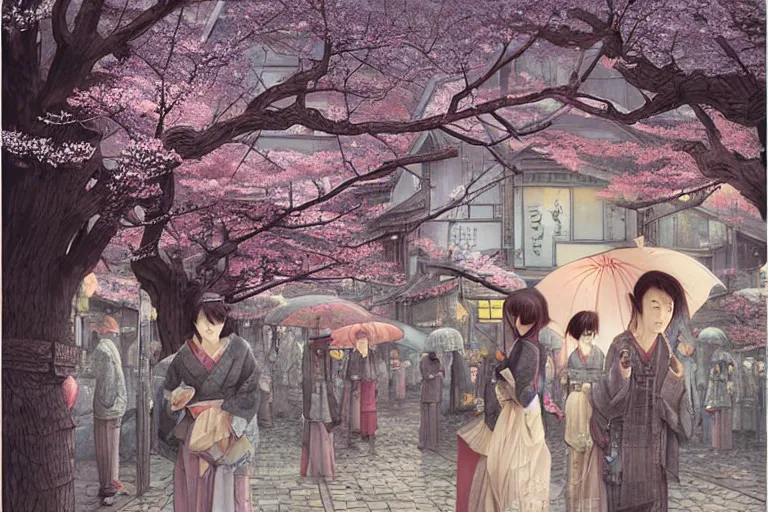 Image similar to Lee Jin-Eun by Andrew Ferez, rule of thirds, seductive look, beautiful, in Kyoto Gion with sakura trees