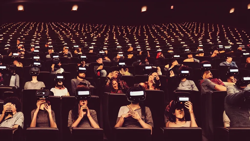 Image similar to people in a busy very dark movie theatre, all of they are wearing vr headsets with art direction by salvador dali, wide lens