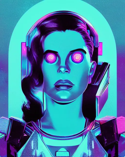 Image similar to portrait of lana del rey as a cyborg. intricate abstract. key art. blue, pink, intricate artwork. by tooth wu, wlop, beeple, dan mumford. 8 k octane render, trending on artstation, greg rutkowski very coherent symmetrical artwork. cinematic, hyperrealism, very detailed, iridescent accents