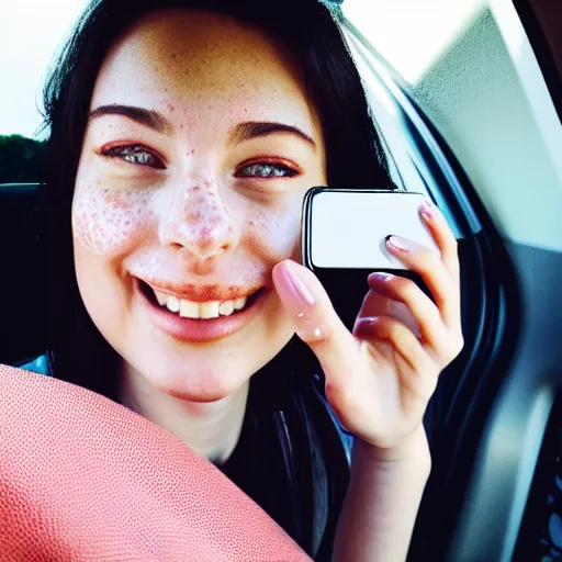 Image similar to a beautiful cute young woman takes a photo of herself, sitting in her car, flushed face, red blush, light freckles, big puffy lips, smiling softly, soft features, 8 k, sharp focus, instagram, portra 4 0 0