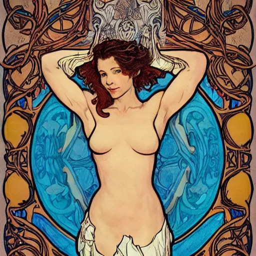 Image similar to evangeline lilly, mucha style,