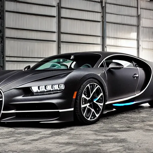 Image similar to an abandoned, derelict, rusty bugatti chiron in a dirty warehouse