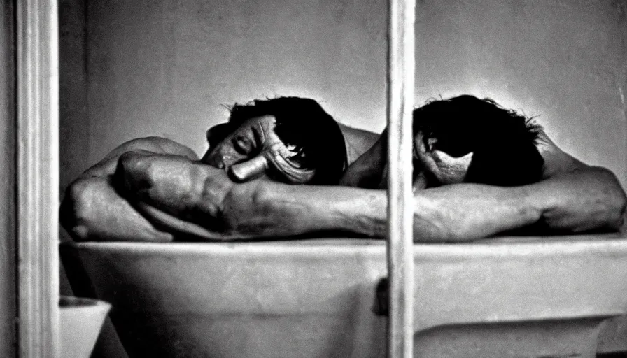 Prompt: 1 9 6 0 s movie still by tarkovsky of jean - paul marat a knife stuck in the chest in his neoclassical bath, cinestill 8 0 0 t 3 5 mm b & w, high quality, heavy grain, high detail, panoramic, cinematic composition, dramatic light, anamorphic, raphael style, piranesi style, bloody