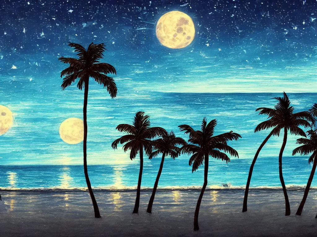 Image similar to night on a summer miami city beach, you can see part of the city, palm trees, footprints in the sand, full moon reflected in the calm ocean, starry sky 8 k, ultra detailed, trending on artstation, digital painting