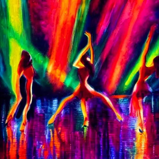 Image similar to dark dancing silhuettes in a dance club, colorful lights, dramatic lighting, a lot of energy, oil painting