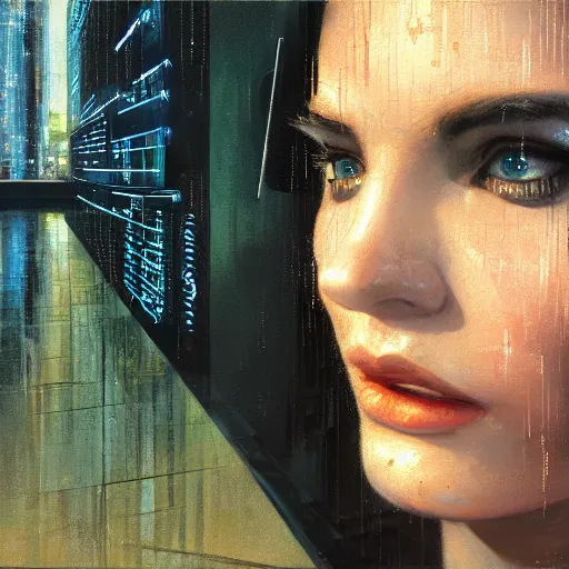 Image similar to detailed face of a woman, moment, cyberpunk cloisters, electronic billboards, tech noir, wet reflections, prism, atmospheric, ambient, pj crook, syd mead, livia prima, greg rutkowski, edward hopper