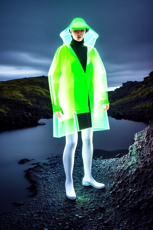 Image similar to an ultra high definition professional high fashion portrait studio full length photograph of a model wearing a transparent pearlescent raincoat and neon visor in an icelandic black rock environment at dawn. no artefacts. extremely detailed. stark. refraction. shallow depth of field. volumetric light and shadow. ray tracing. light rays.