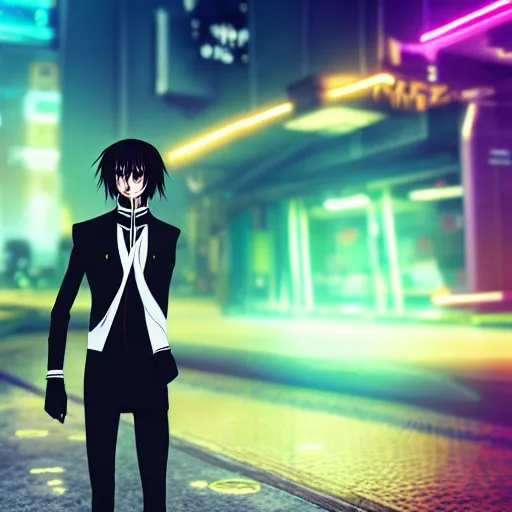 Lelouch Lamperouge in a neon city, octane render 8k,, Stable Diffusion