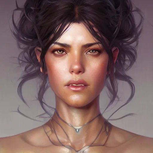 Image similar to beautiful, strong, mixed race, female, aged 4 0, face, head shot, fantasy, highly detailed, digital painting, artstation, concept art, smooth, sharp focus, illustration, art by artgerm and greg rutkowski and alphonse mucha