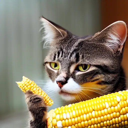 Image similar to low resolution photograph of a cat eating corn on the cob