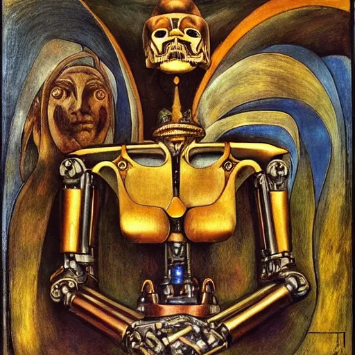 Image similar to the robot wearing the bone crown, by Annie Swynnerton and Diego Rivera, symbolist, dramatic lighting, elaborate geometric ornament, Art Brut ,god rays, soft cool colors,smooth, sharp focus, extremely detailed, Evelyn De Morgan and Adolf Wölfli