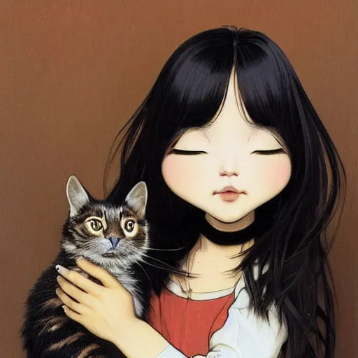 Image similar to cute emo taiwanese woman, with long dark hair, thick eyebrows!!! dark eyes and dark circles!, wide nose!!!, big eyes, oval face shape, big cheeks!, she is holding a cat in her arms, by juan villafuerte, greg rutkowski and alphonse mucha, pexels contest winner, high quality photo, hd rtx