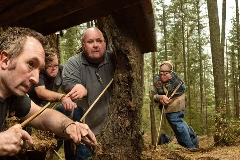 Image similar to movie scene portrait closeup, real life team of chubby elves building a tiny house in the forest natural lighting by emmanuel lubezki