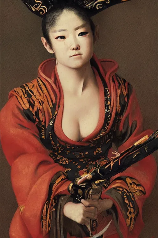 Prompt: Baroque painting of a traditional Kunoichi, inspired by Gustav Moreau and Wayne Barlowe, exquisite detail, hyper realism, ornate, exquisite detail, cute face