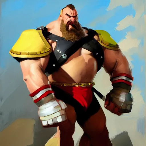 Image similar to greg manchess portrait painting of armored zangief from street fighter as overwatch character, medium shot, asymmetrical, profile picture, organic painting, sunny day, matte painting, bold shapes, hard edges, street art, trending on artstation, by huang guangjian and gil elvgren and greg rutkowski