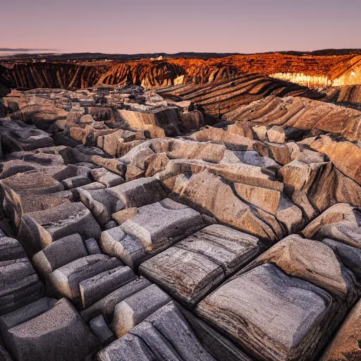 Image similar to huge deep stone quarry landscape bottom-up view of dirty stones in a quarry of different fractions in the evening light ultra detailed by Emmanuel Lubezki, golden hour, atmospheric lighting, 8k resolution, best color graded, vray beautiful, hyper-realistic render W 1920 H 1080