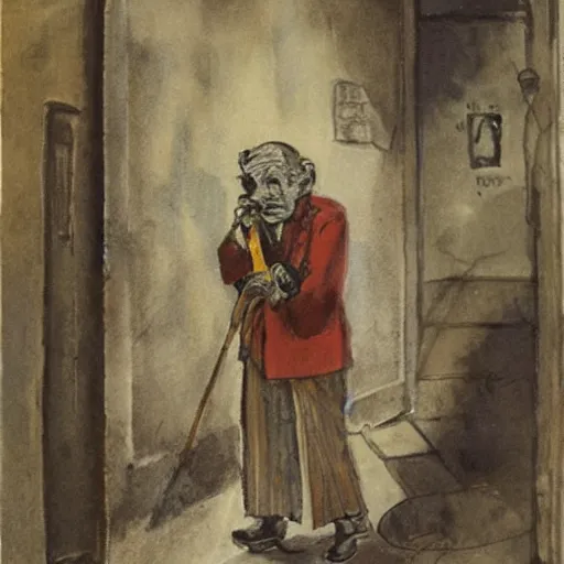 Prompt: queen elizabeth painted as a beggar in a dark forbidding alleyway by george grosz