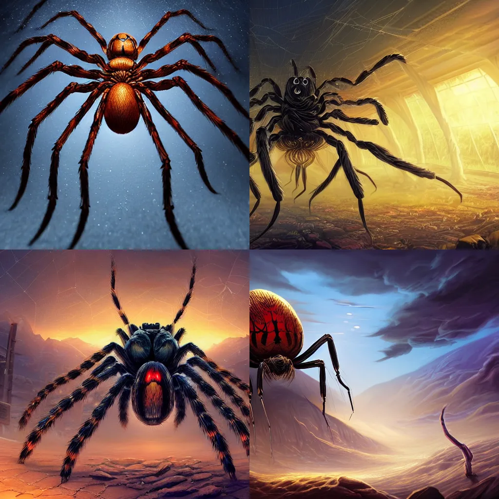 Prompt: A Beautiful digital artwork of the Giant Spider, in style by Dan Mumford, Cyril Rolando and Caspar David Friedrich, 8k resolution, Ultrafine details, Rendered in Unreal Engine 5, Cinematic Composition, Reimagined by industrial light and magic, smooth,4k, beautiful lighting, HDR, IMAX, Cinema 4D, shadow depth