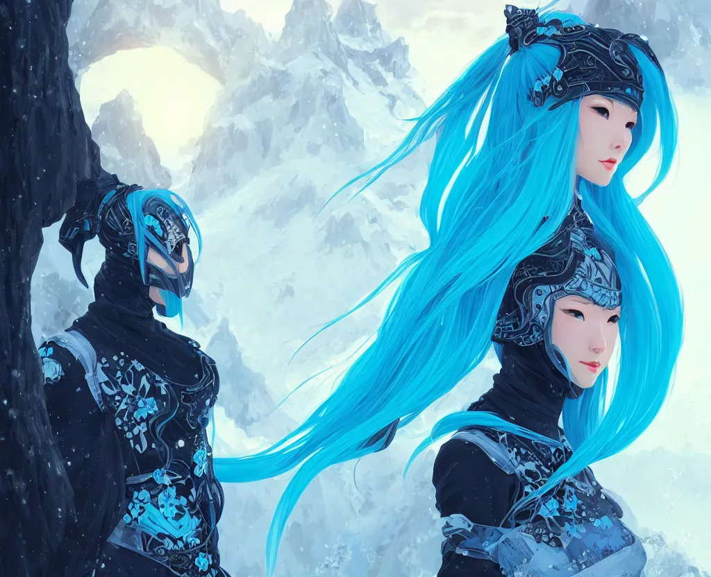 Image similar to portrait light cyan hair ninja gaiden girl, black plus little blue ninja wardrobe, at snowy fuji mountain sunrise, ssci - fi and fantasy, intricate and very very beautiful, detailed, digital painting, artstation, concept art, smooth and sharp focus, illustration, art by tian zi and wlop and alphonse mucha