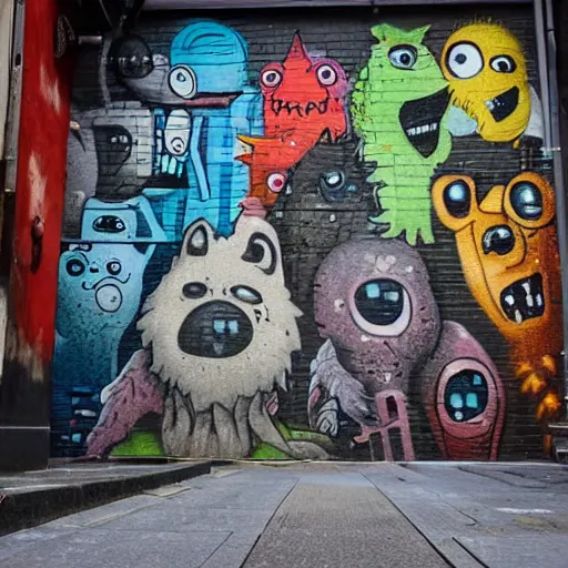 Prompt: little crazy monsters, furry creatures, monster emotional monsters and creatures in the city alleyway with graffiti, in the style of Johfra and Shaun Tan