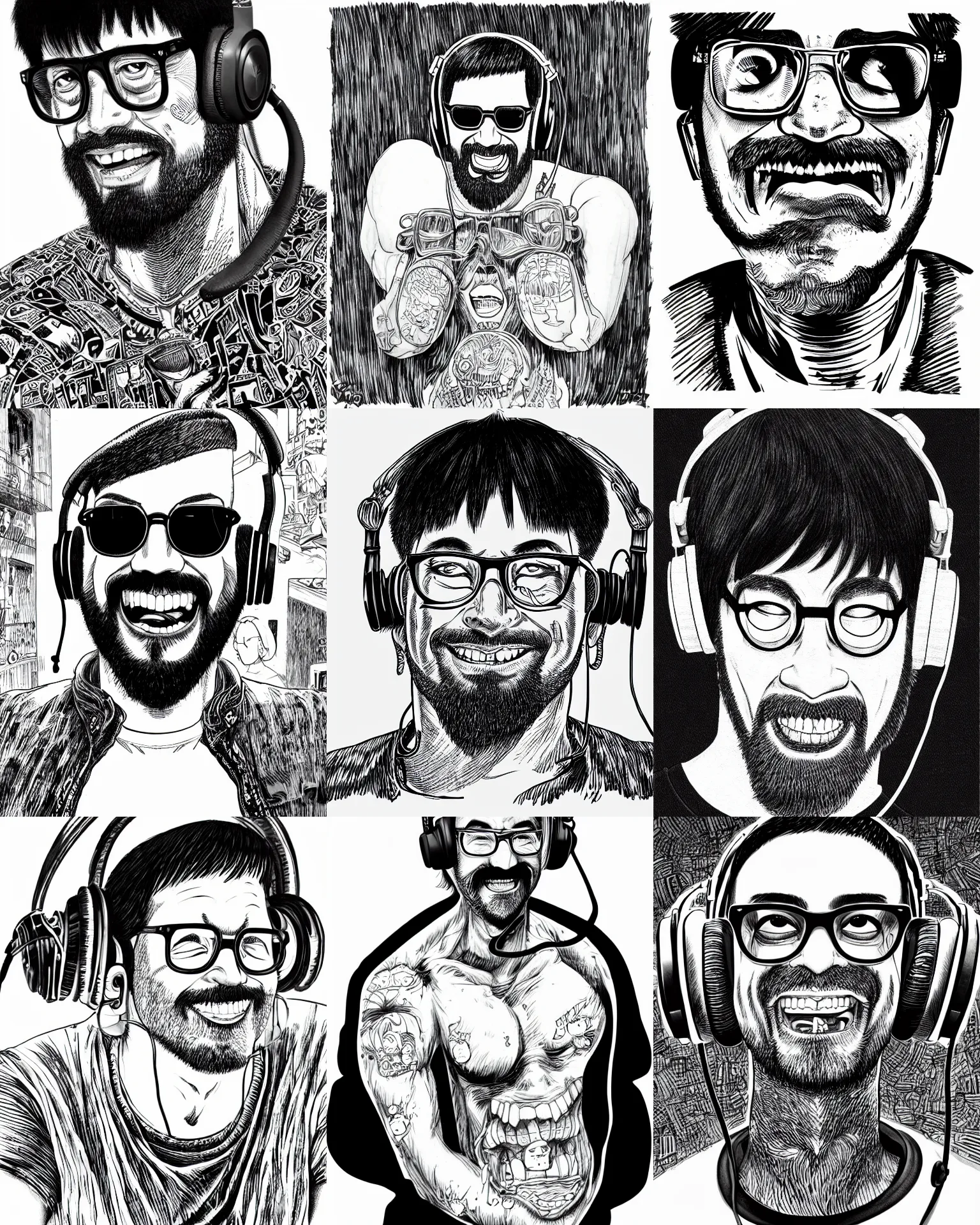 Prompt: highly detailed ink illustration of a buff smiling man with long stubble, big square glasses and black bowl cut, wearing a black tshirt and black headphones, b & w clean shaped illustration by kim jung gi, ron english and eiichiro oda